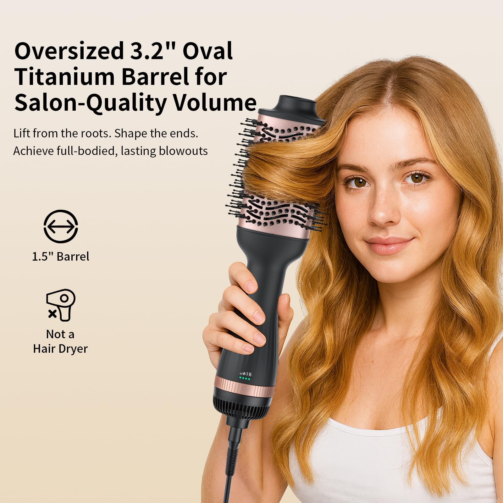 Delpattern hot air brush in rose gold design merges style with safe handling.
