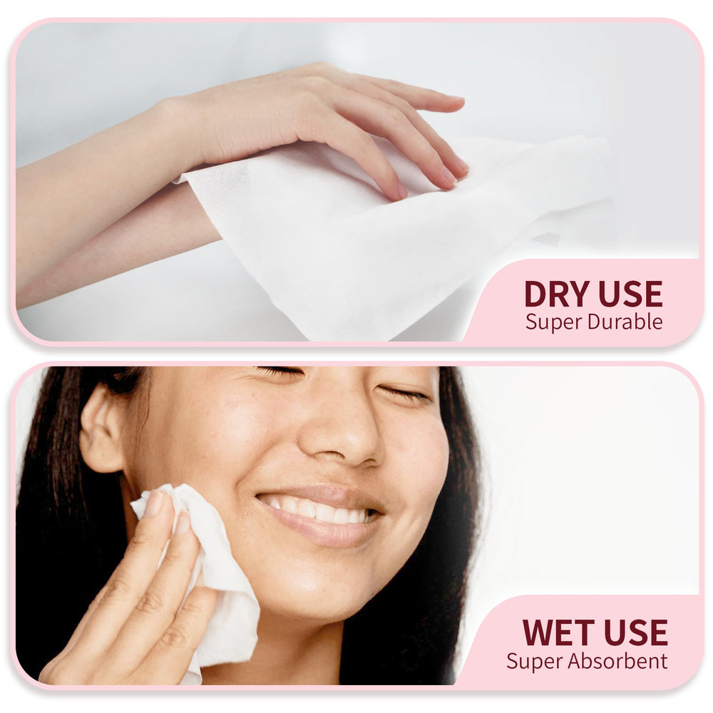 Deluwire face towels dry-and-wet use demonstrated for gentle makeup removal.