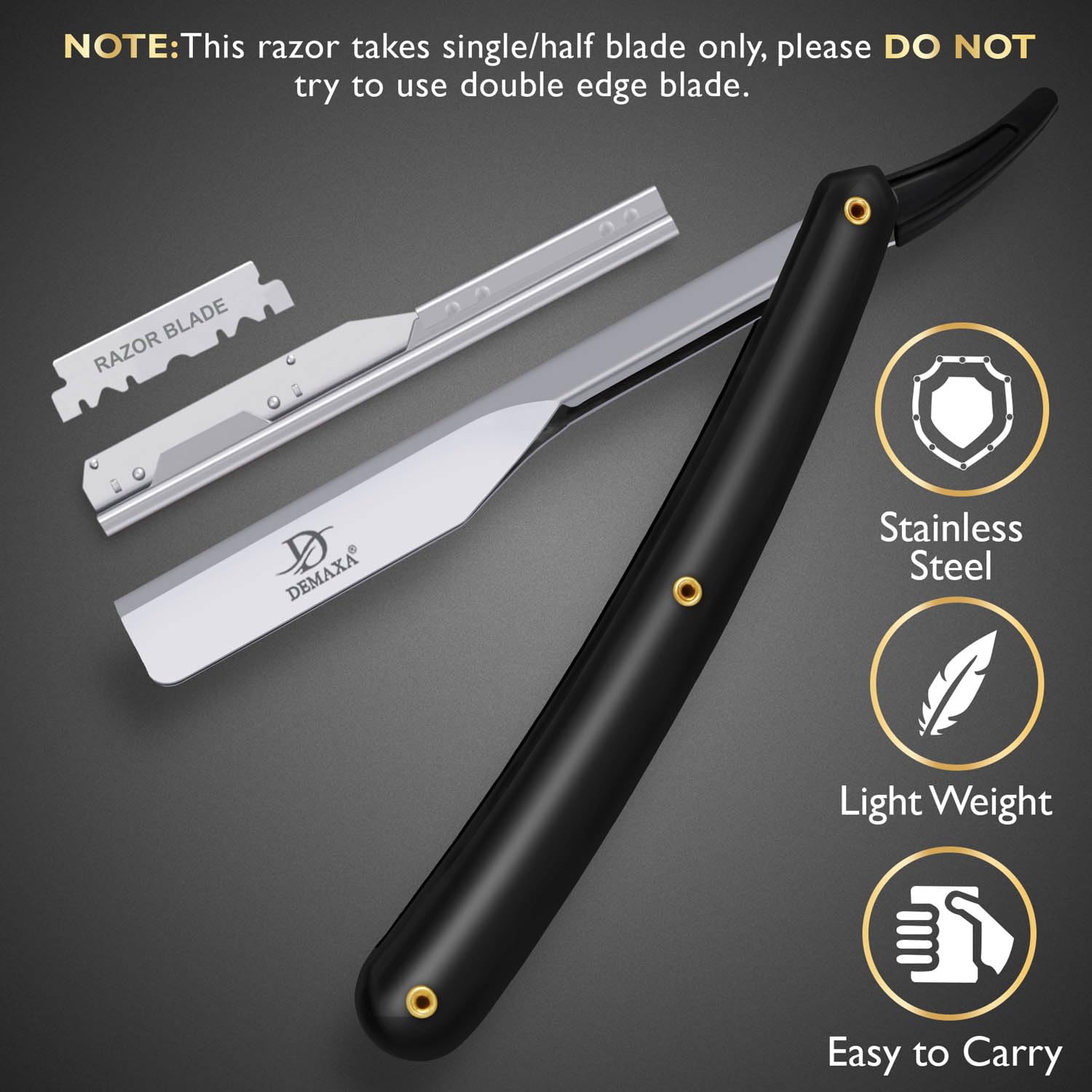 DEMAXA ultra-sharp blade close-up for precise line-ups and detailing.