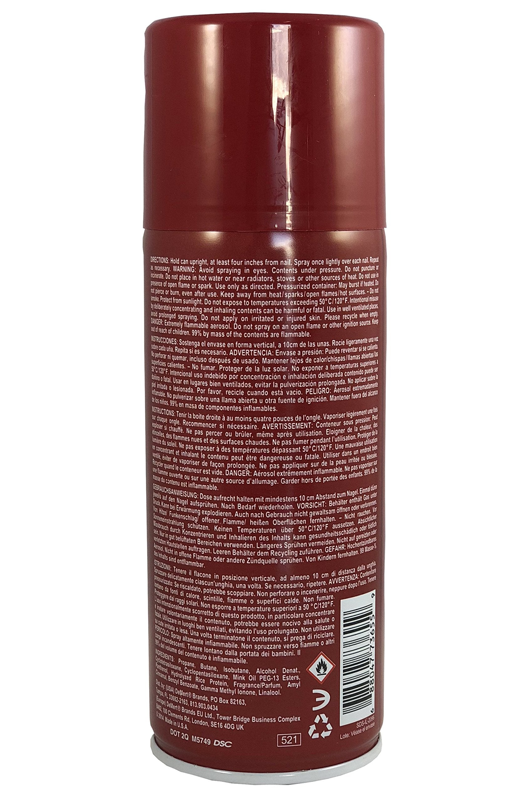 Demert Nail Enamel Dryer Spray 7.5 oz pack — back view highlighting storage and handling