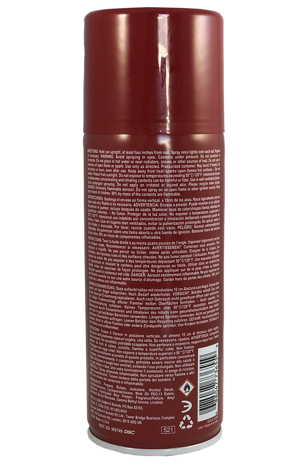 Demert Nail Enamel Dryer Spray 7.5 oz pack — back view highlighting storage and handling