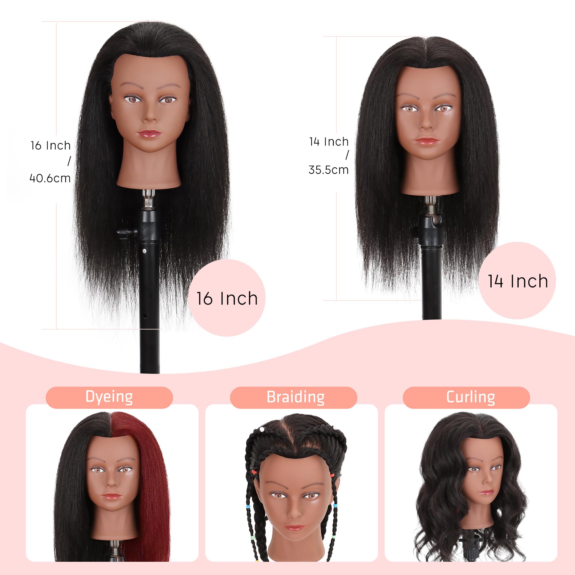 Demides 16-inch real-hair head for styling practice including curling and straightening
