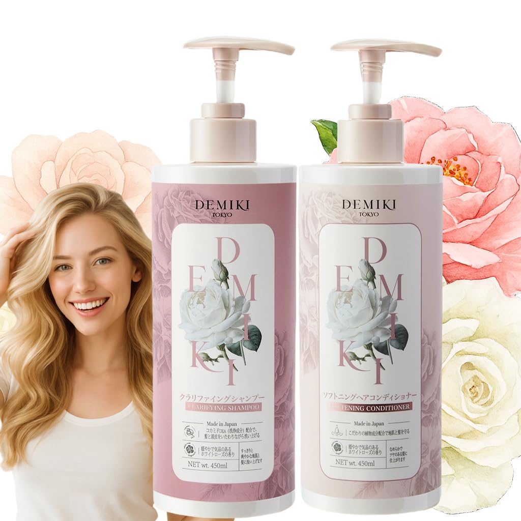 DEMIKI Japanese shampoo bottle on a bathroom shelf for a refreshing cleanse
