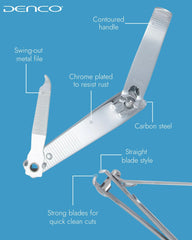 Denco straight cut toenail clipper blade close-up demonstrates sharp edge for clean cuts