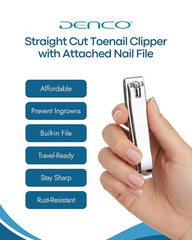 Denco straight cut toenail clipper side view highlights durable silver finish for longevity