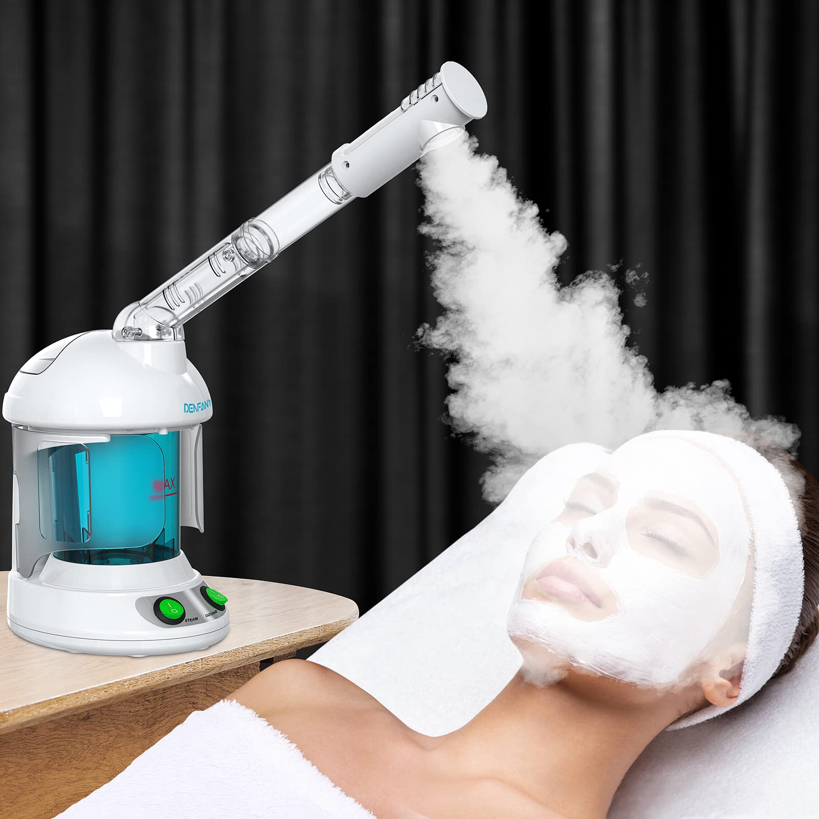 DENFANY facial steamer front view in blue for at-home spa sessions and skincare