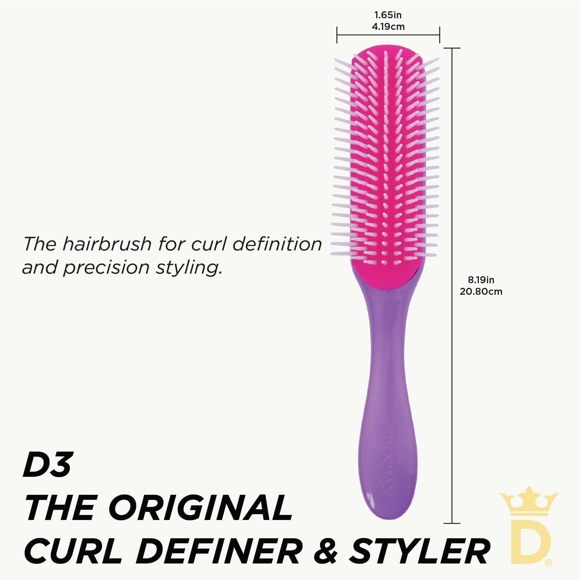 Denman Curly Hair Brush D3 detangling glide for tangle-free styling.