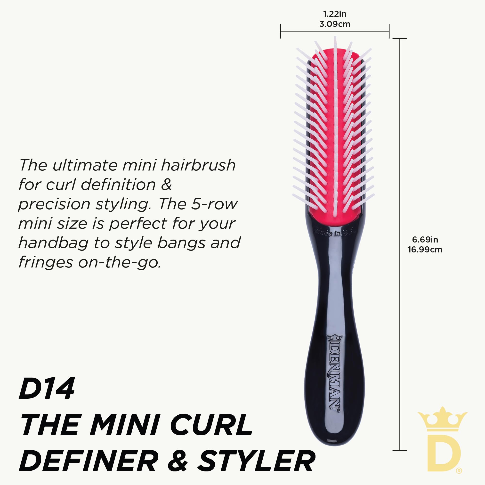 Denman D14 Black side profile highlights ergonomic tear drop handle for comfort