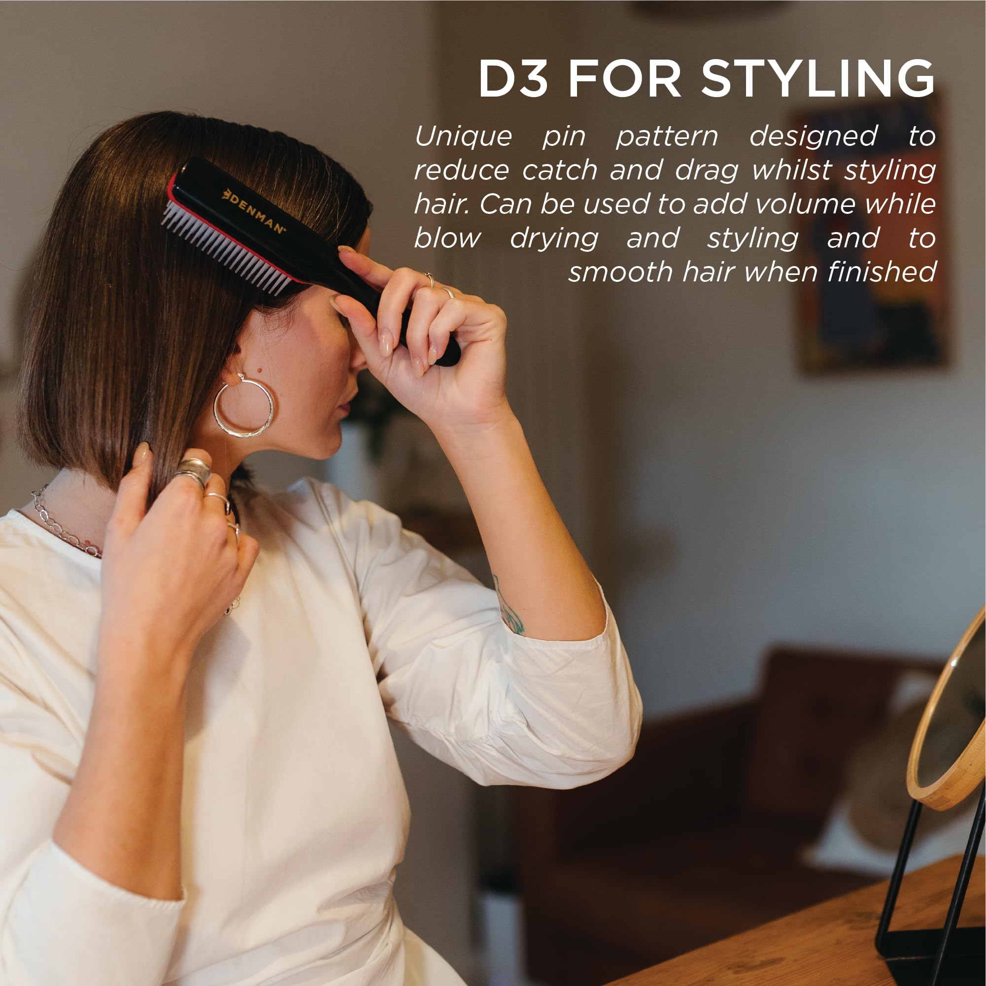 Denman D3 detangling action shown on tangled hair with minimal pull.
