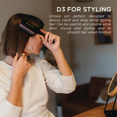 Denman D3 detangling action shown on tangled hair with minimal pull.