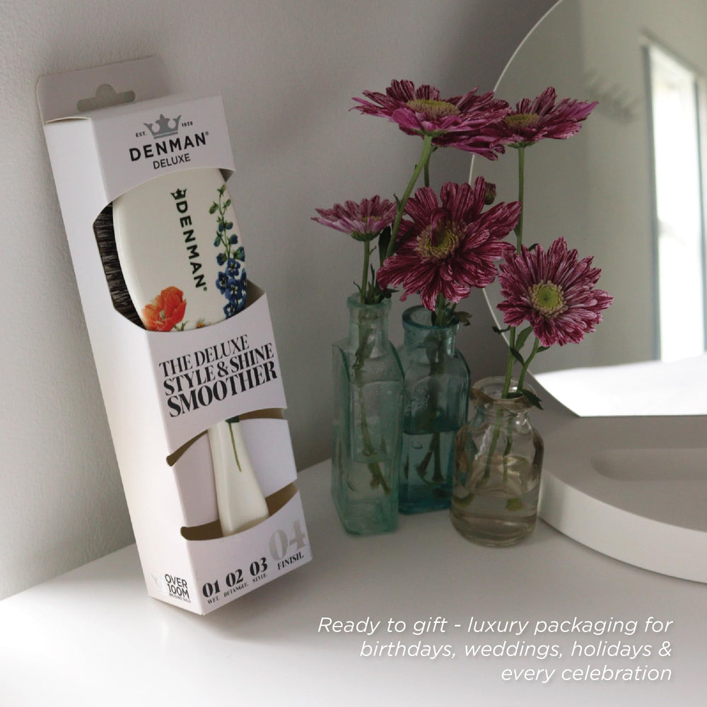Denman D81M nylon-pin detangling captures effective brush-through of thick hair.