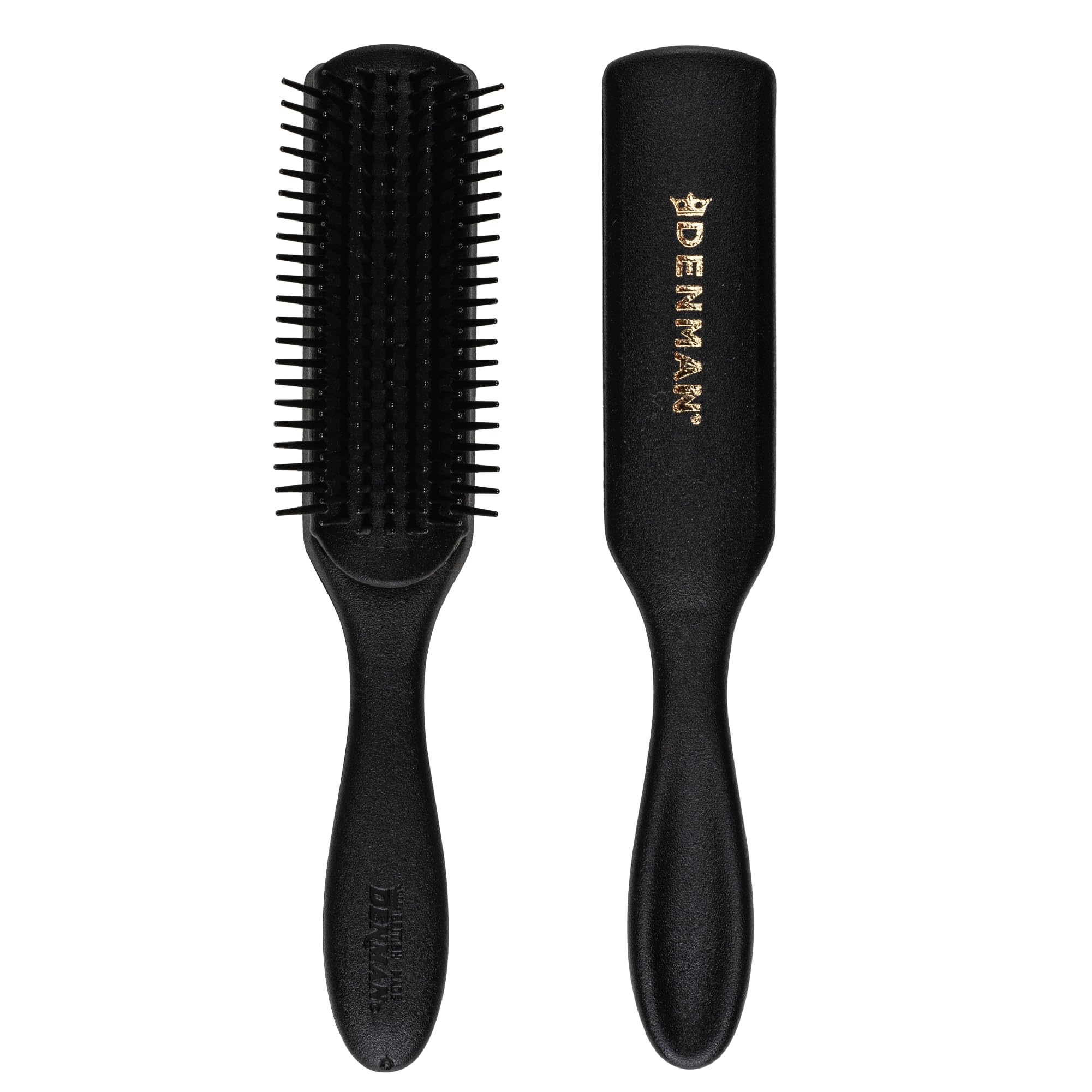 Denman Jack Dean D3 all-black brush with 7-row pins for gentle detangling.