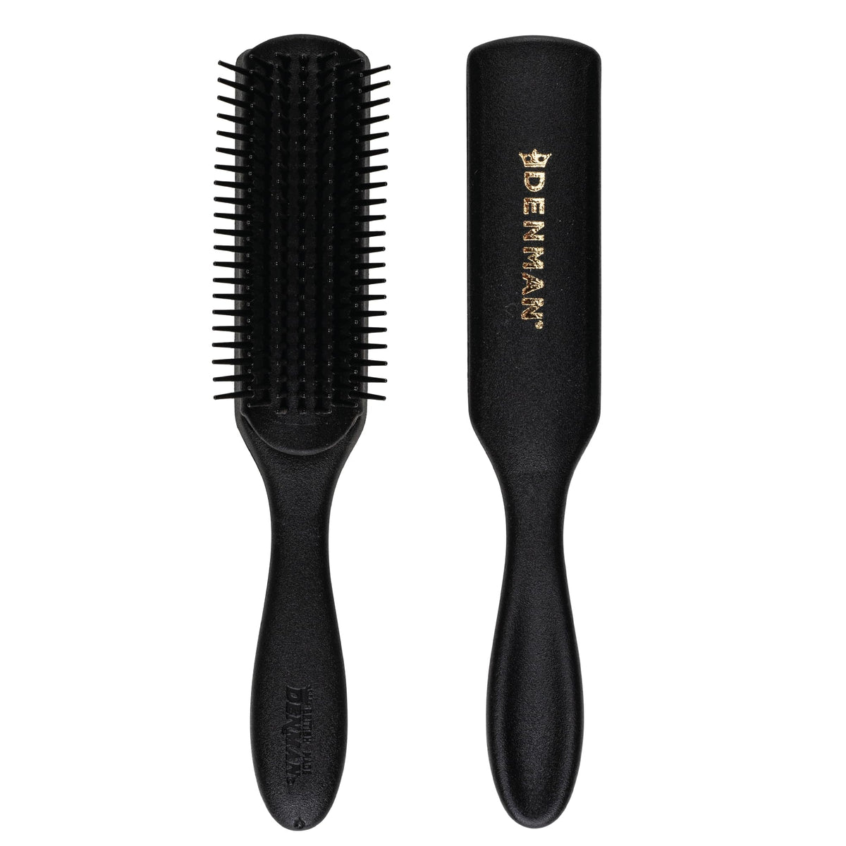 Denman Jack Dean D3 all-black brush with 7-row pins for gentle detangling.