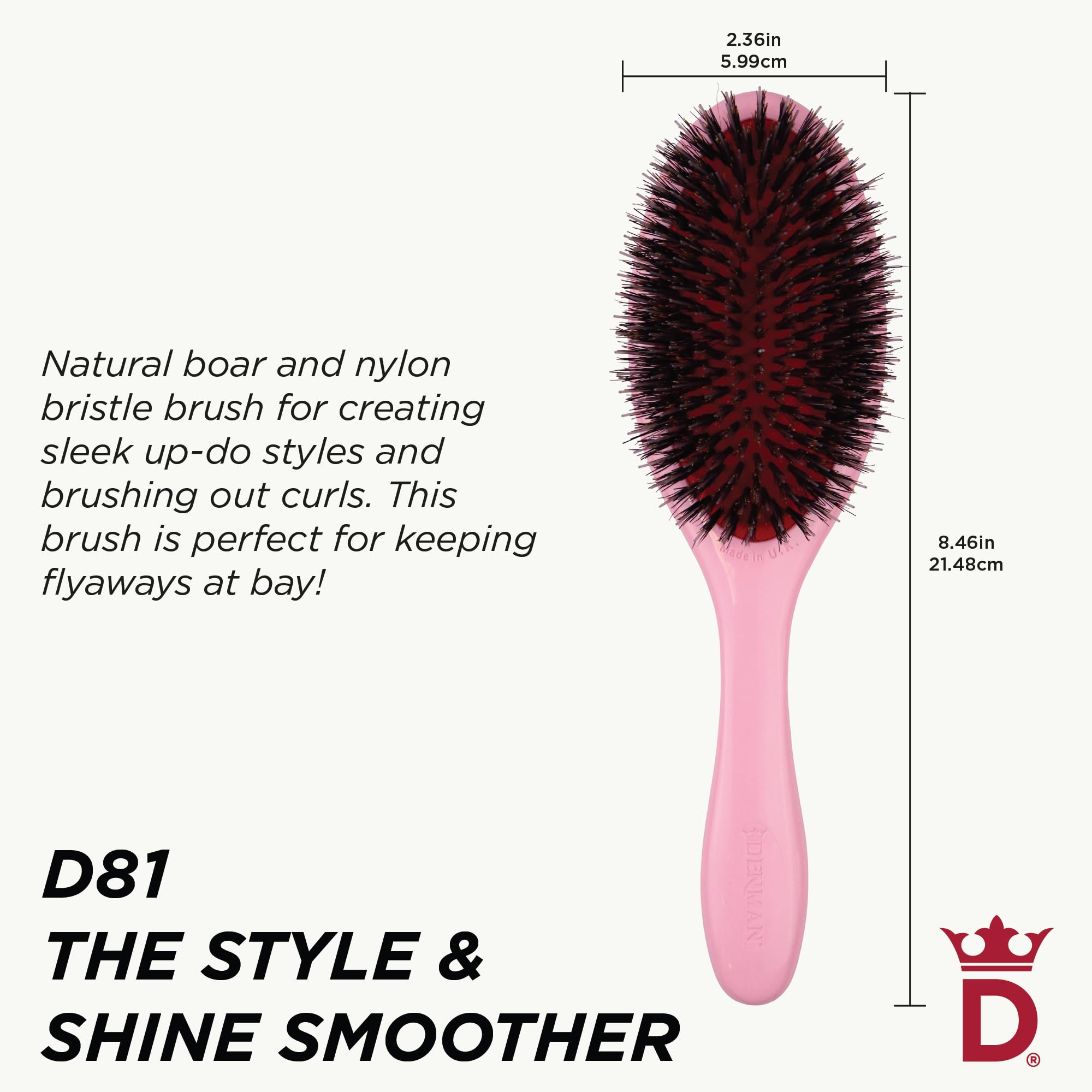 Denman Pink Crush bristle close-up shows detangling-ready design.