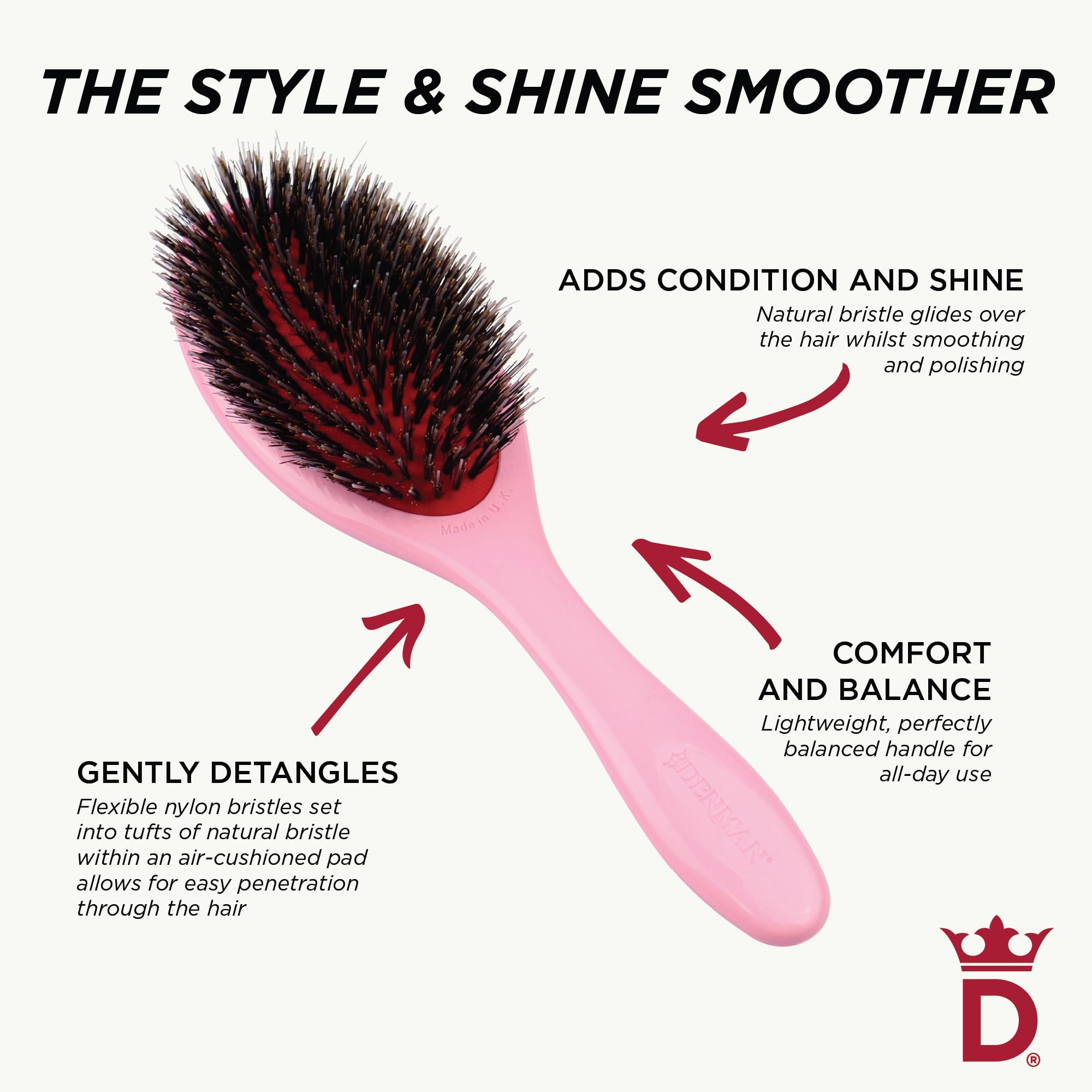 Denman Pink Crush suitable for daily detangling on dry hair.
