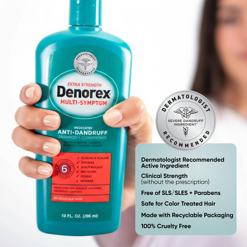 Denorex daily-use haircare packaging showing easy routine