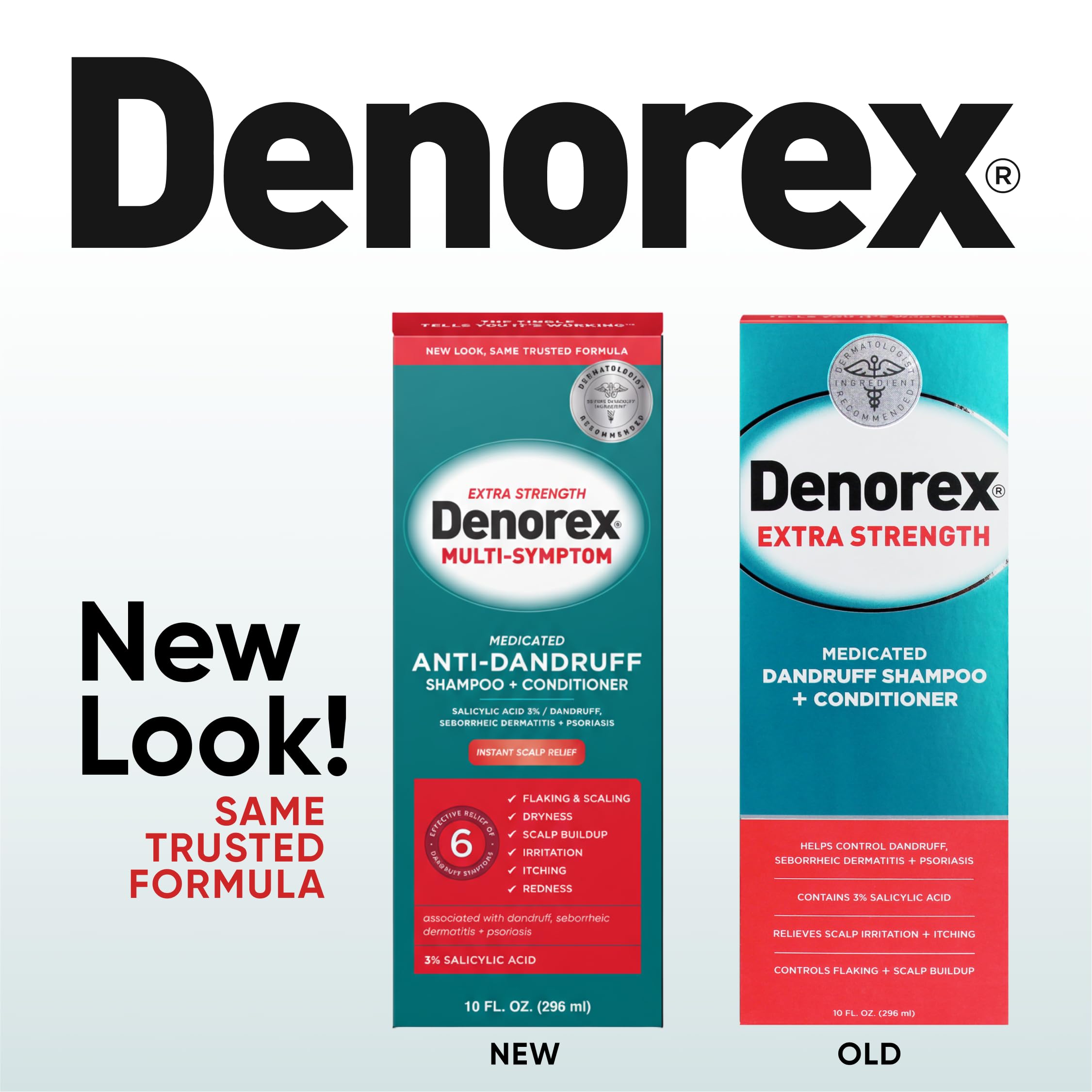 Denorex conditioner bottle close-up highlights built-in conditioning benefits