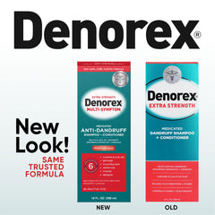 Denorex conditioner bottle close-up highlights built-in conditioning benefits