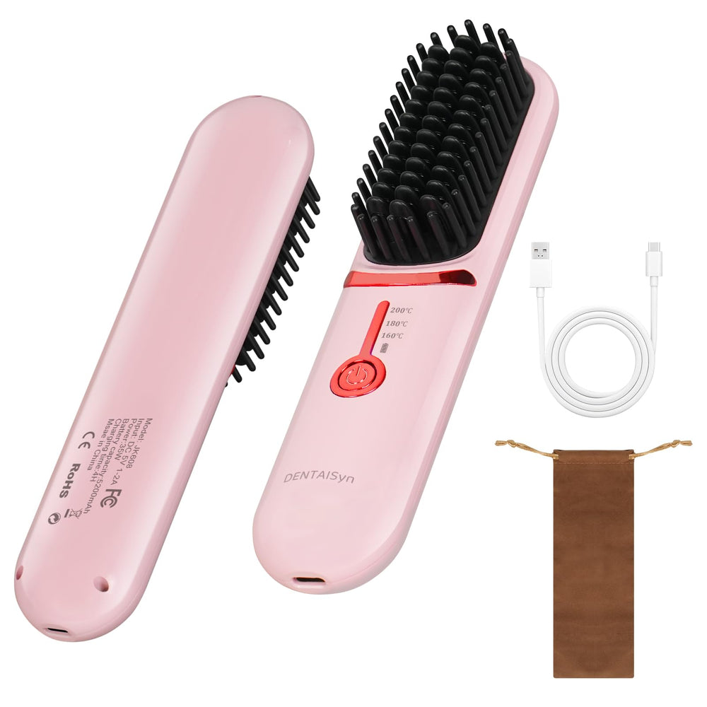 DENTAISyn cordless hair straightener brush front view for quick styling on the go