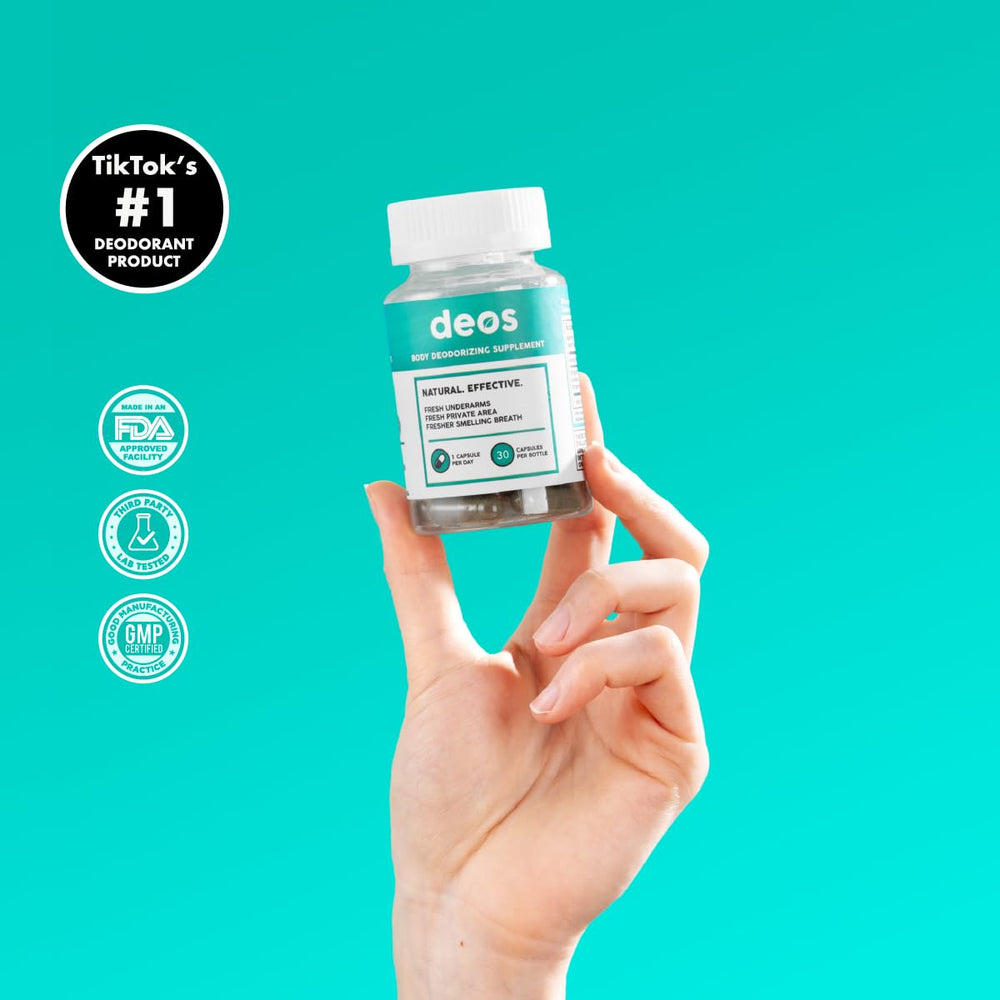 DEOS capsules closeup highlighting vegan deodorant capsules for easy daily use.