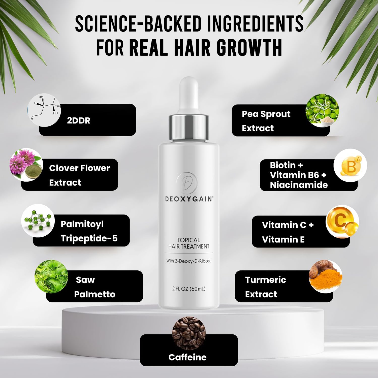 Deoxygain 2DDR formula ingredients close-up with plant-based blend.