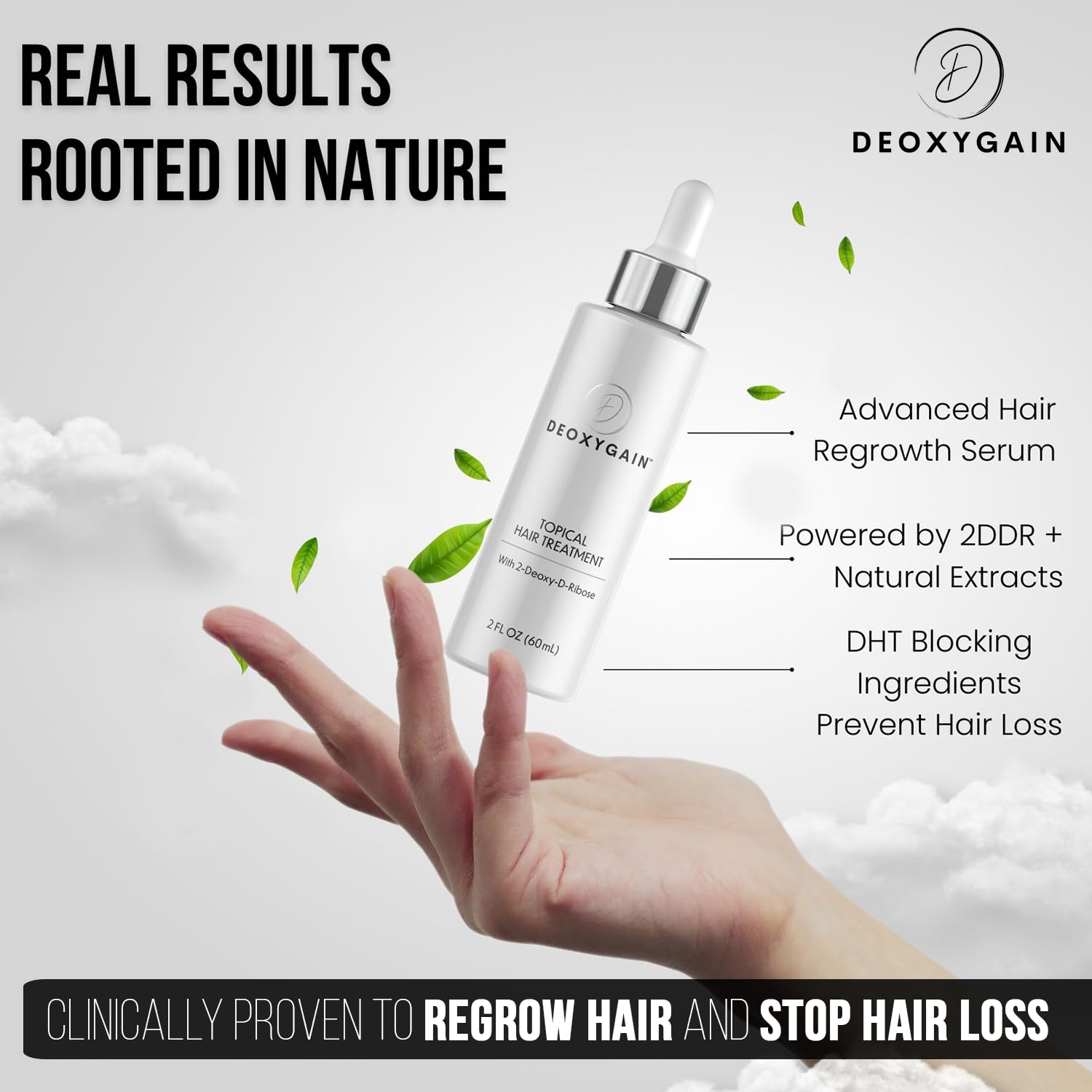 Deoxygain serum dropper close-up showing a light, non-greasy texture.