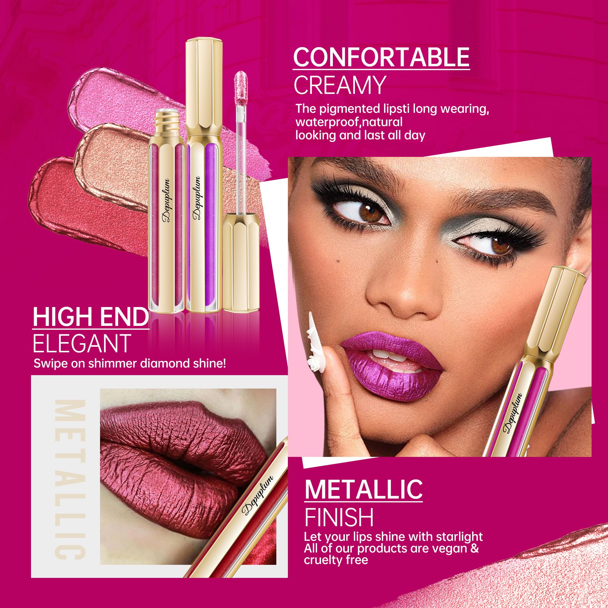 Close-up of Depuplum Burgundy lipstick showing silky, hydrating texture.