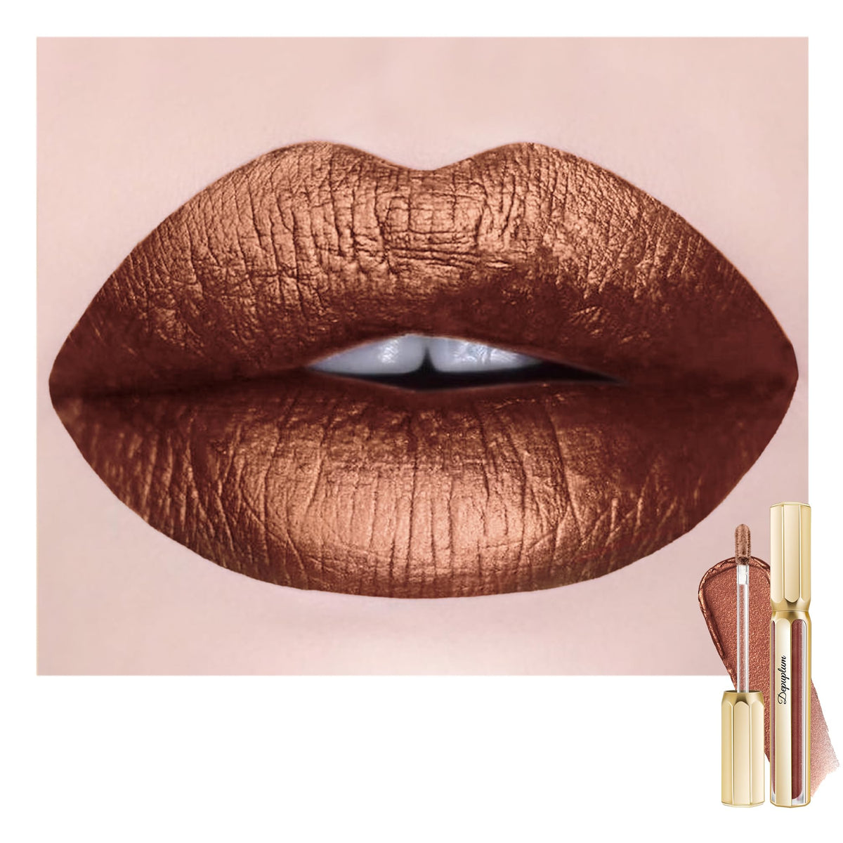 Depuplum Chocolate Lipstick swatch shows metallic shine and long lasting color