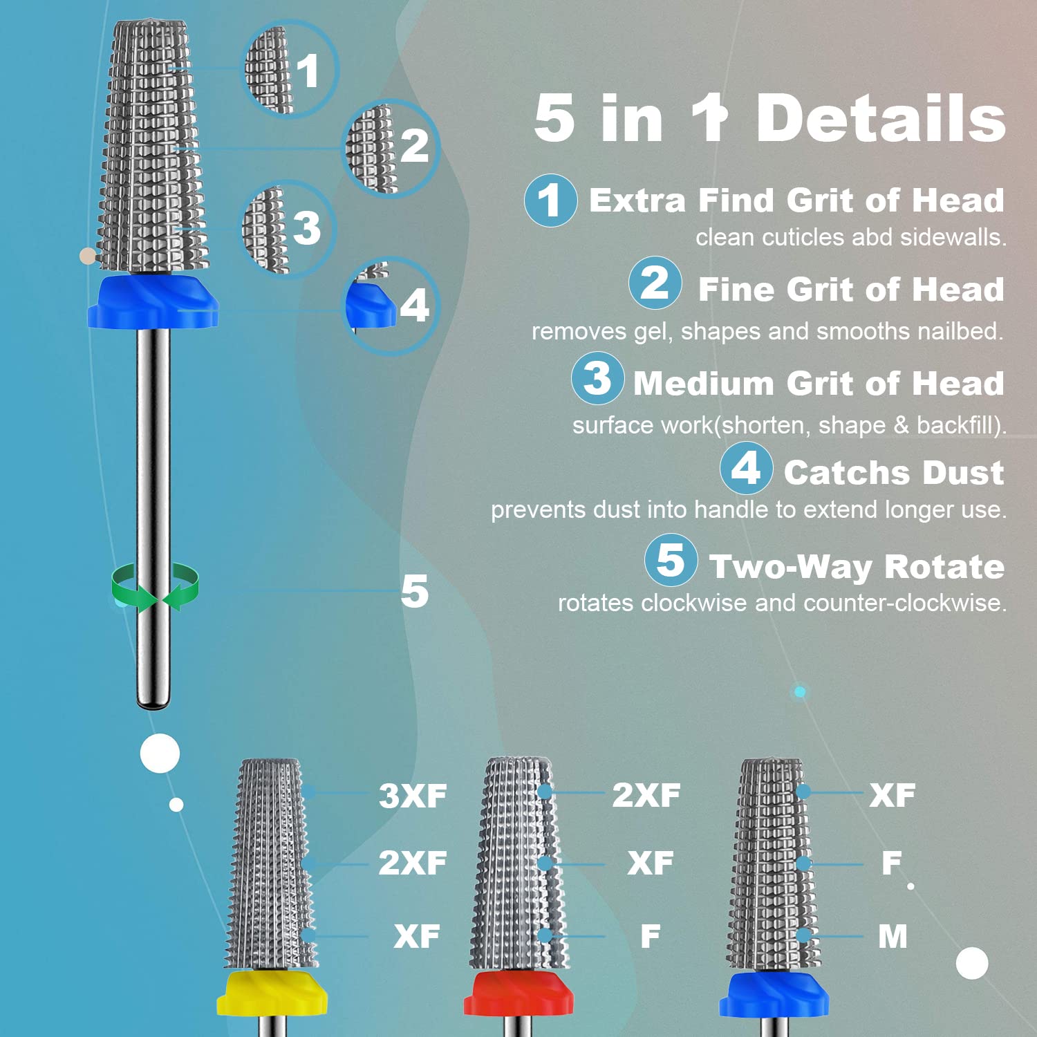 Depvko 3Pcs carbide 5-in-1 nail drill bit set with medium grade for sculpting