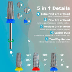 Depvko 3Pcs carbide 5-in-1 nail drill bit set with medium grade for sculpting