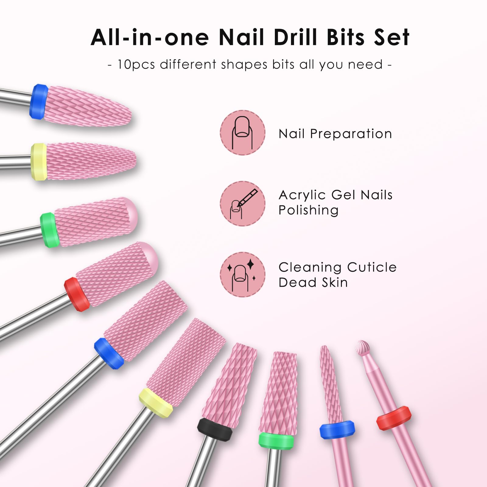 Depvko ceramic nail drill bits with four textures for shaping acrylic and gel.