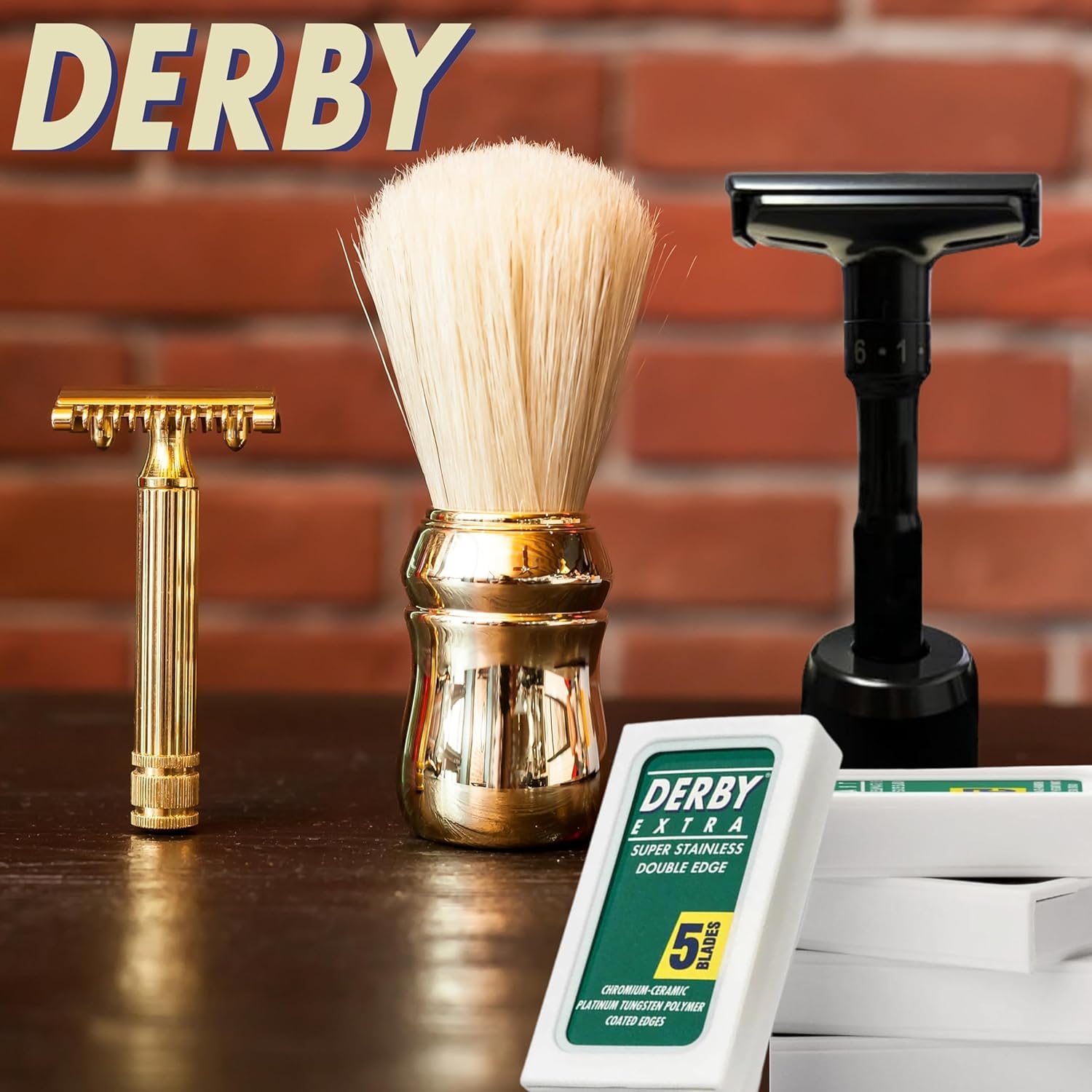 Derby Extra Double Edge Razor Blades aligned blades convey readiness for use.