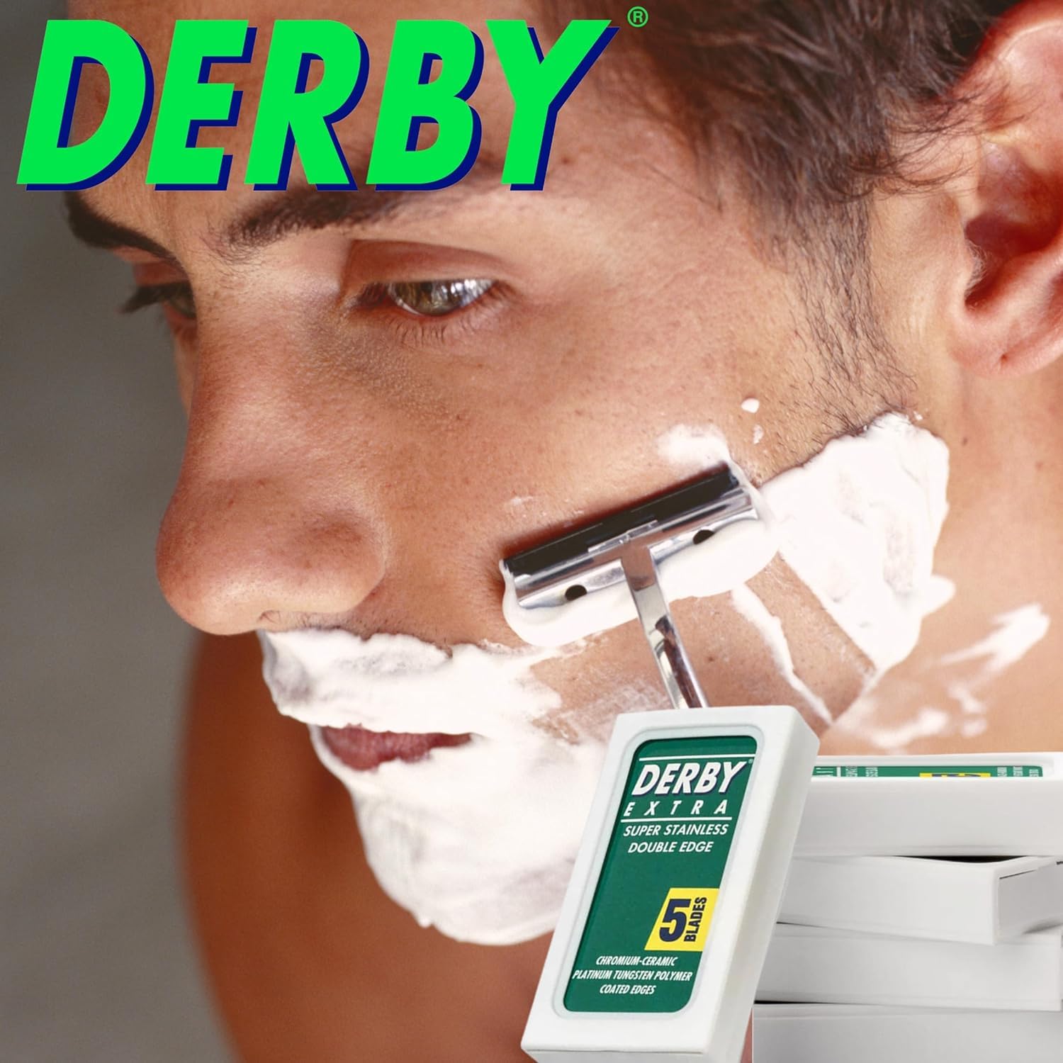 Derby Extra Double Edge Razor Blades in safety razor head for versatile compatibility.