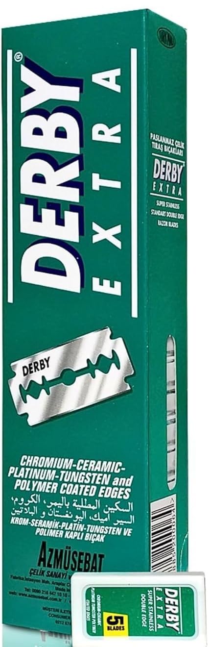Derby Extra Double Edge Razor Blades pack on display for easy shaves.