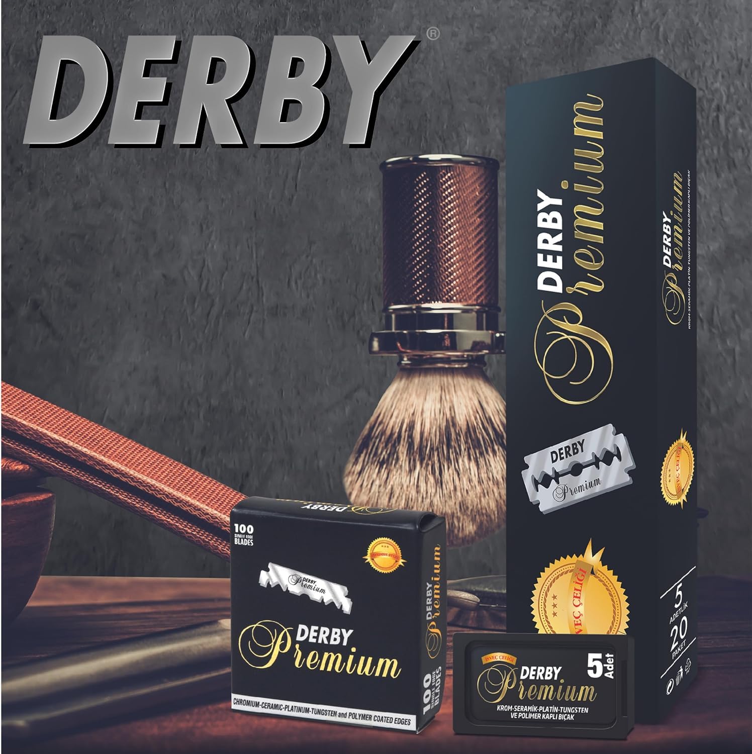 Derby Premium packaging box showing easy blade storage