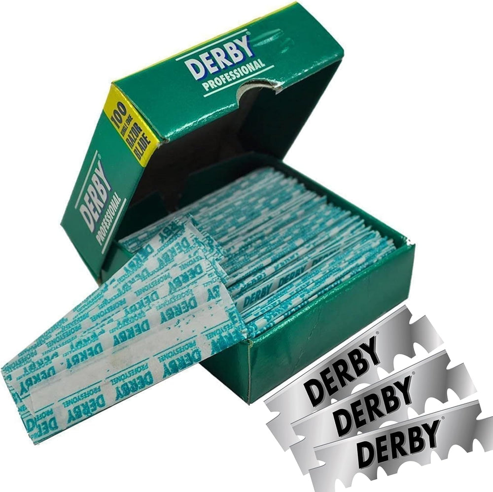Derby blades compatible with cut-throat and shavette razors for versatile grooming.