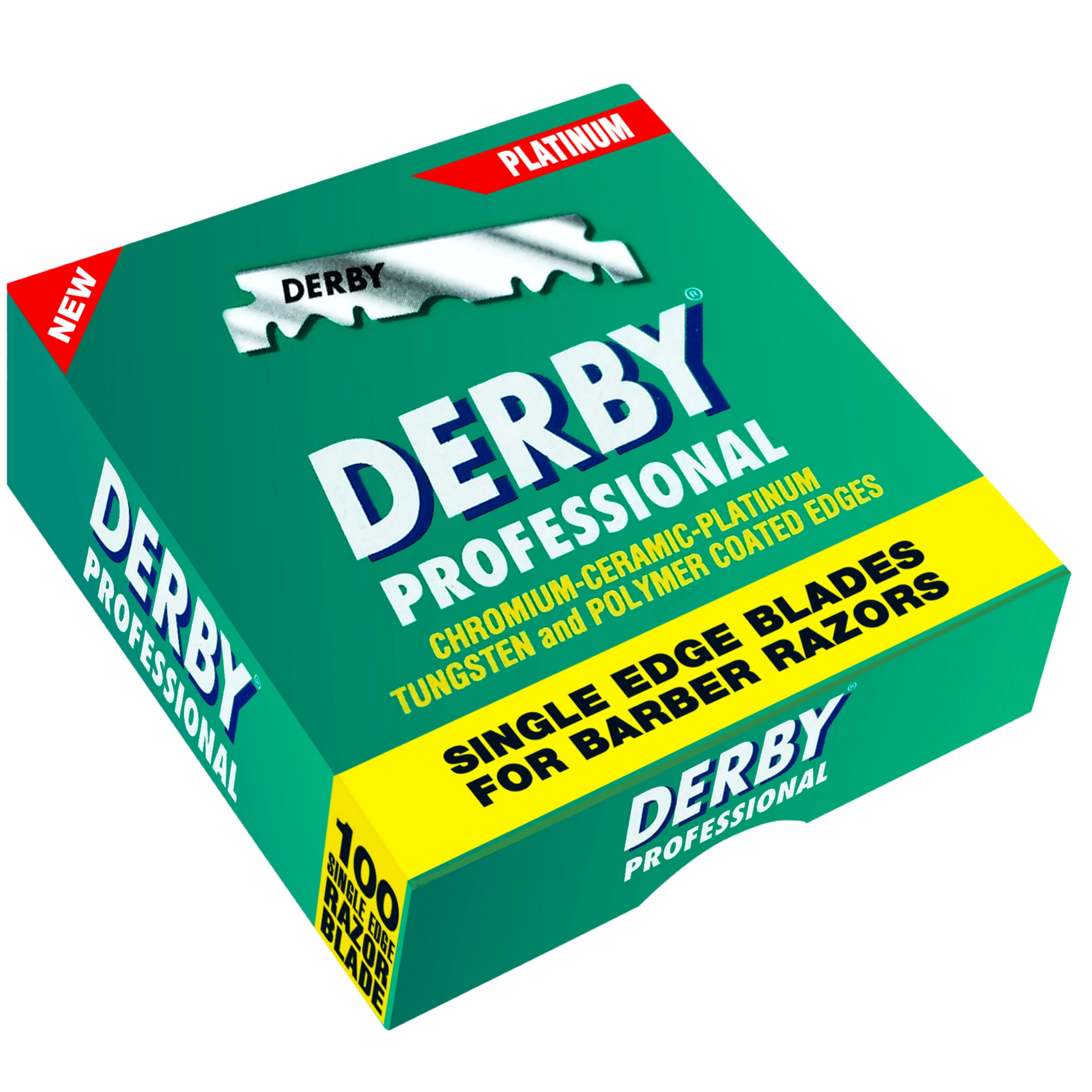 Derby Professional blades box-closeup highlighting silver blades and branding.