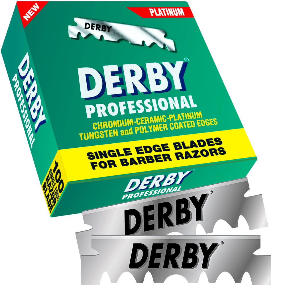 Derby Professional single edge blades closeup-edge emphasizing sharp, clean cuts.
