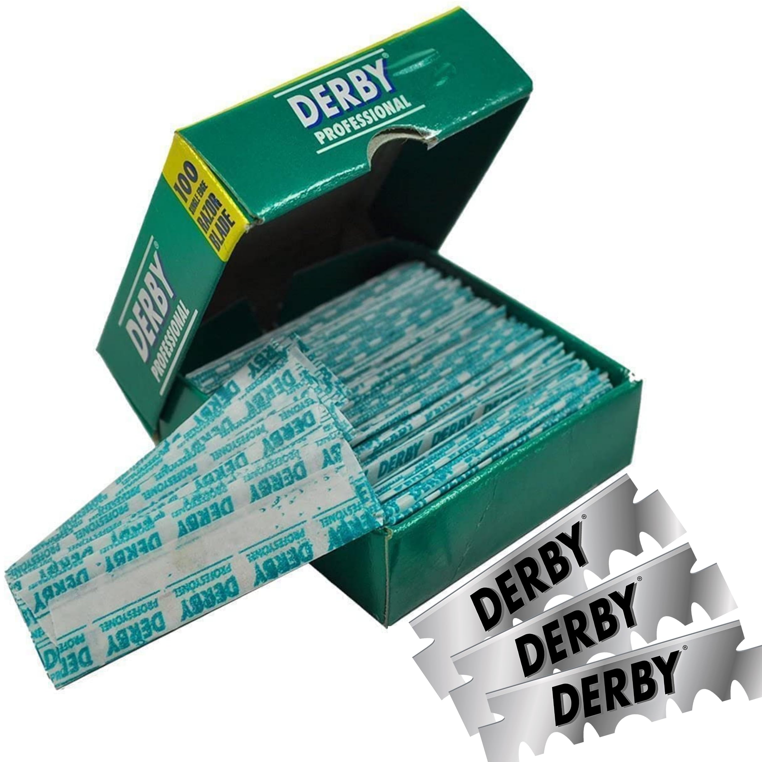 Derby Professional blades pack-open revealing orderly blades ready for use.