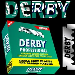 Stainless steel Derby blades ready for professional use in barber kits.
