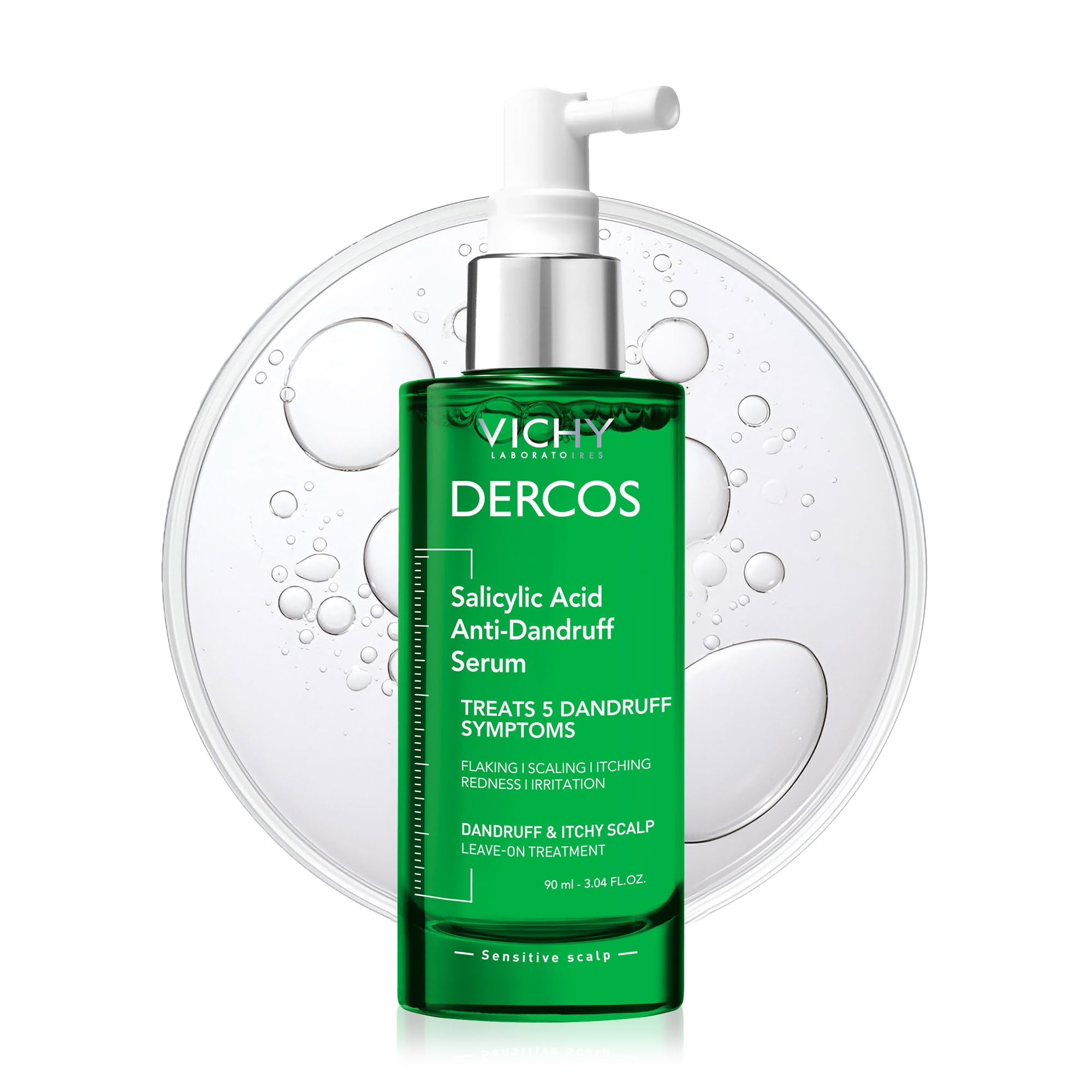 Dercos salicylic acid serum bottle shown for targeted dandruff relief
