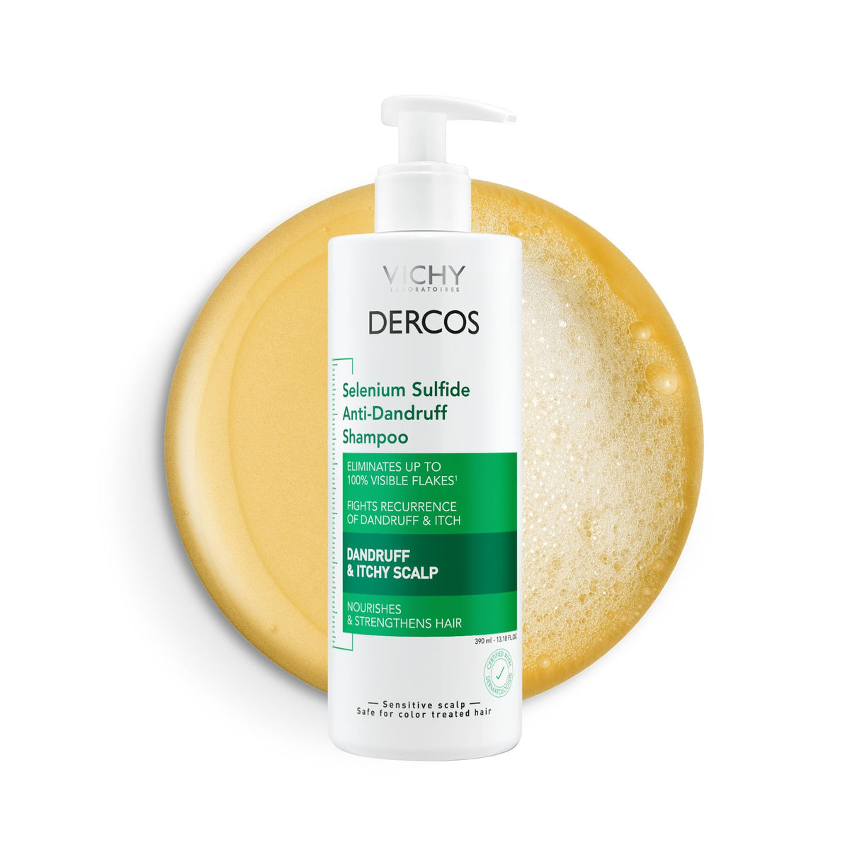 Dercos selenium sulfide anti-dandruff bottle displaying medicated formula for flaky scalps