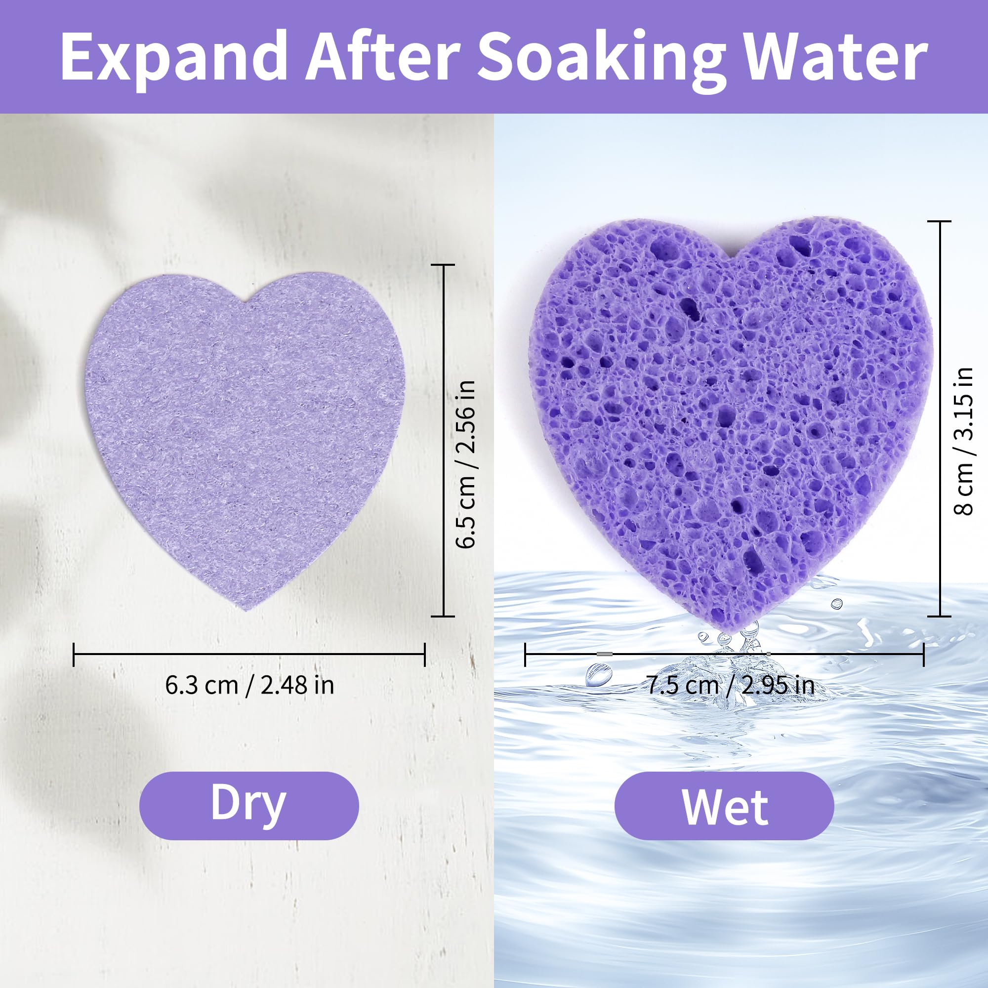 Derloyo 2.9-inch heart sponges expanded for deep cleansing without irritation.