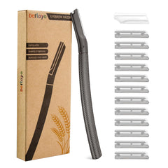 Derloyo eyebrow razor with 12 blades for precise shaping and exfoliation on delicate facial skin.