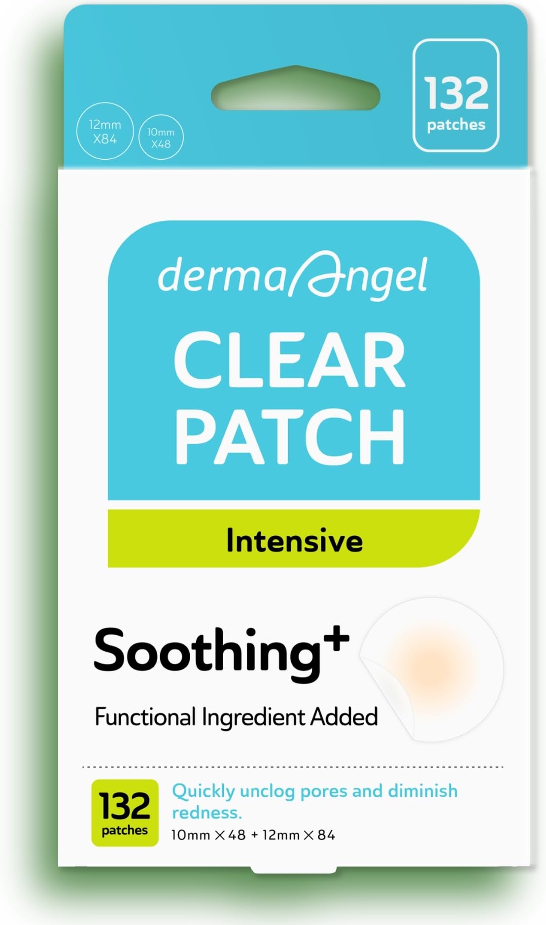DERMA ANGEL patch on the cheek showing clear coverage and redness reduction.