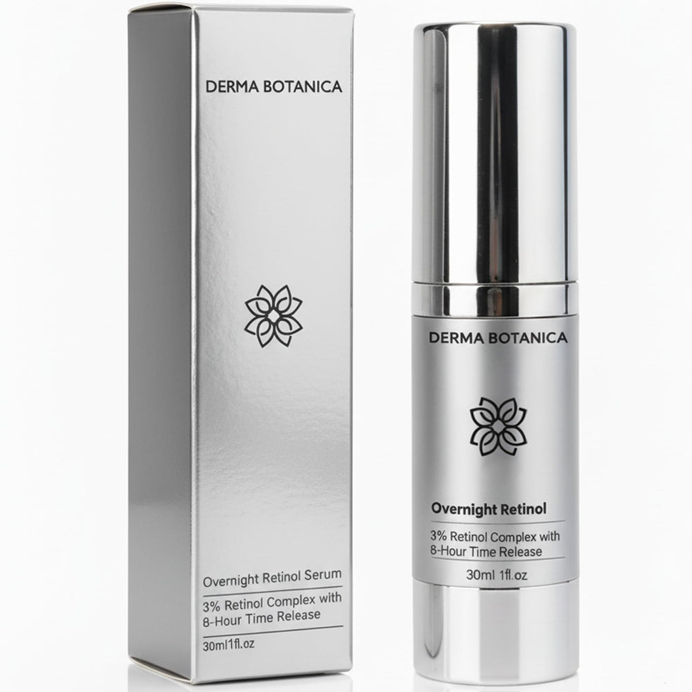 Derma Botanica Overnight Retinol Serum bottle on a vanity, signaling gentle night care