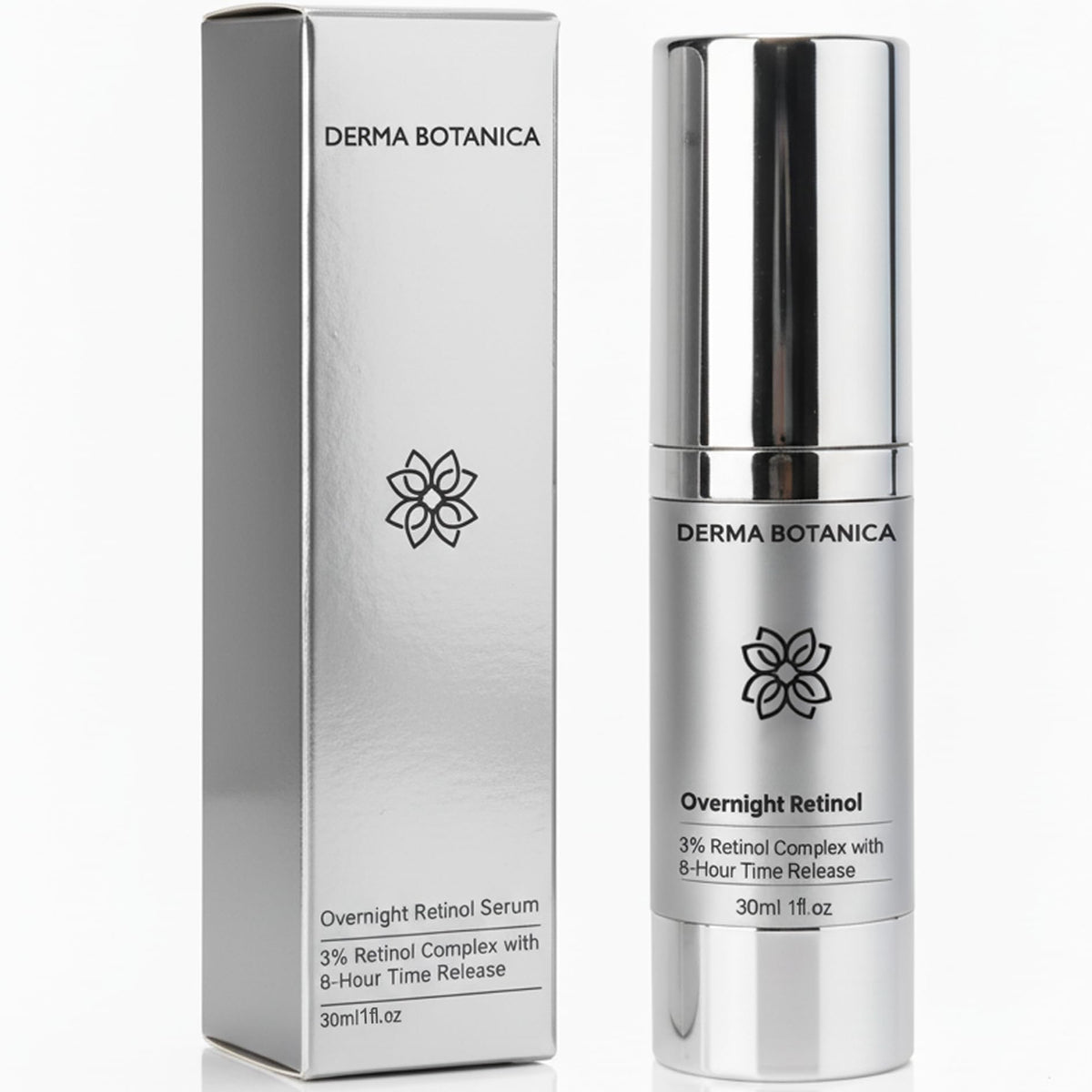 Derma Botanica Overnight Retinol Serum bottle on a vanity, signaling gentle night care