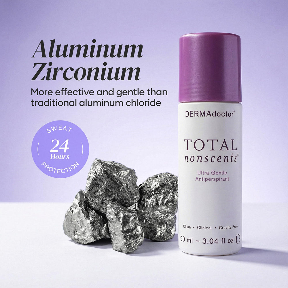 DERMAdoctor Total NonScents aluminum zirconium glycine formula offers strong protection with skin-friendly comfort.