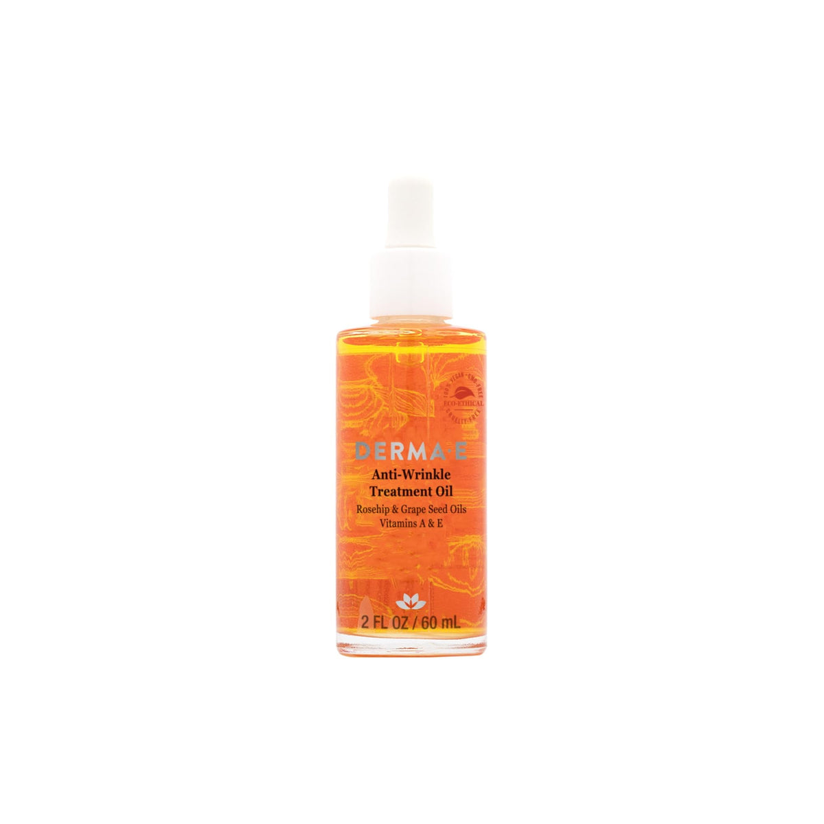 Derma E Aceite tratamiento antienvejecimiento, botella visible, absorción rápida para piel suave.