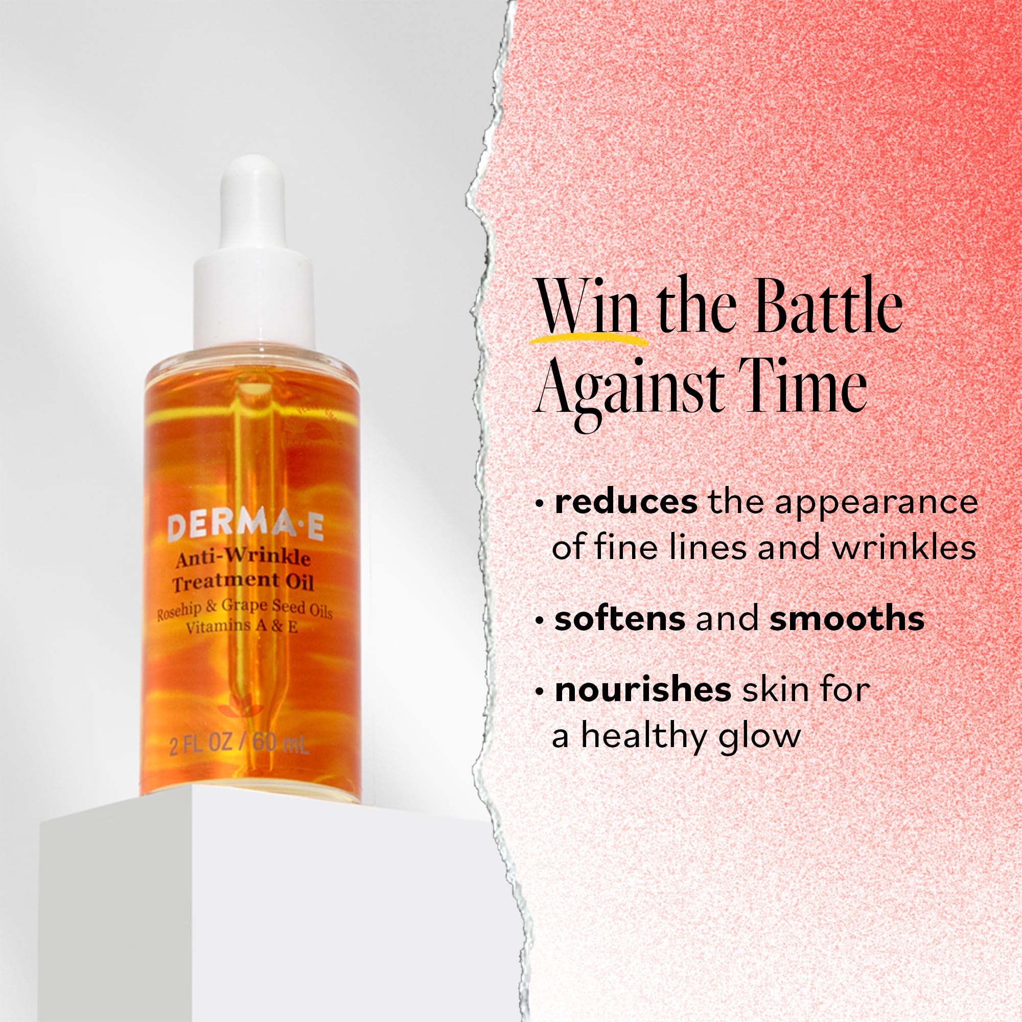 Derma E Aceite antiarrugas, gotas en primer plano, suaviza líneas finas con uso diario.